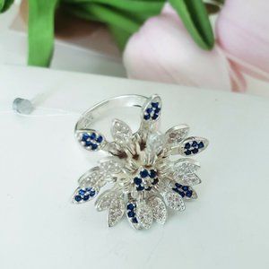 STERLING SILVER 925 RING SZ 7.00 Flower Open and Close Rhodium coated Blue stone